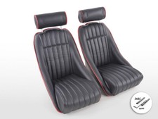 Retro Sports Classic Car Bucket Seats Set Black Faux Leather + rails + headrests