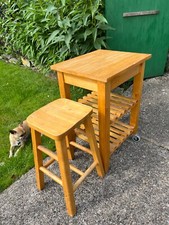 Pine Small Kitchen Table and Stool with 2 shelves underneath