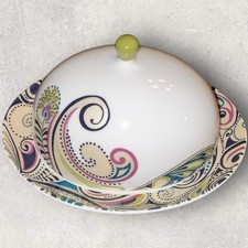 Denby Monsoon Cosmic Cream Butter Cheese Dish Oval Dome Paisley NWOT Excellent