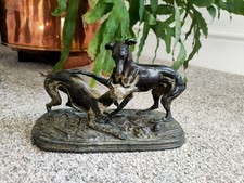 ANTIQUE ART DECO FRENCH SPELTER Two GREYHOUNDS Cold Painted Damaged Tin PIERRE 