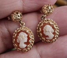 Victorian Cameo Shell 14K Yellow Gold Filigree Dangle Earrings 1" 