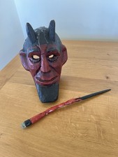 Wood Devil Mask and Devil Wand. Occult Witch ,Lefthand, Altar