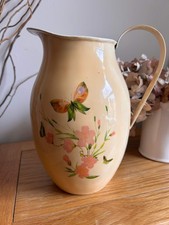 Vintage Pale Yellow Floral French Enamel Pitcher Jug