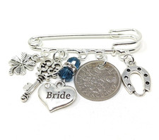 Something Blue Bride Charm Old Sixpence Wedding Bouquet Pin Gift Hen Keepsake