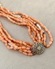 Vintage Angel Skin Coral & Pearl Multi Strand Necklace Sterling Silver Clasp