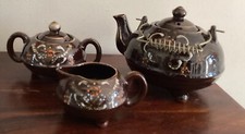 Gorgeous Brown Vintage Japanese Red Ware Moriage Handpainted Teaset Trio