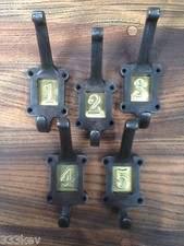 5 X CAST IRON SCHOOL COAT HOOKS WITH BRASS NUMBER INSERTS ~ VINTAGE STYLE ~