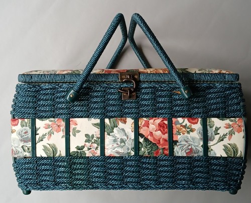 Vintage teal blue woven wicker - woven,