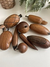 Vintage Wooden Carved Fruit & Veg Ornaments Set of 9 Pieces Mid Century