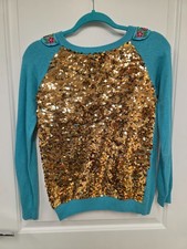 MANOUSH Women’s Turquoise Sweater with Gold Sequin Front, Floral Beaded  Small
