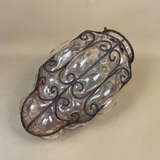 Blown Glass Ceiling Light Shade Pink Black Cage Metalwork Metal Pendant Vintage