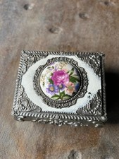 Vintage Japanese Jewellery Trinket Box Ornate Metal with Porcelain Floral Lid