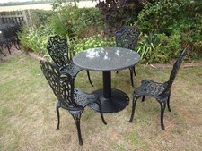 GARDEN / PATIO SET ~ CAST IRON BASE WITH REAL MARBLE TOP + 4 CHAIRS ~