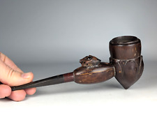 Antique early-mid 20th Century Carved Gourd & Wood Pipe Owl Beast Glass Eyes