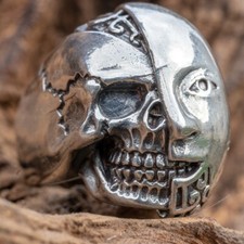 Android Robot Skull Ring .925 solid sterling silver Metal Biker Humanoid..