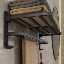 Double Tier Towel Rail Holder Wall Mounted Bathroom Rack Shelf With Hook Folding