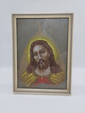 Oil On Leaf Painted Face Of Jesus Framed Catholic Original Vintage 13x17.5cm VGC