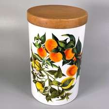 Portmeirion Large Ceramic Storage Jar Oranges Lemons 20cm Wooden Lid Vintage