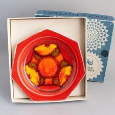 1970s Vintage POOLE POTTERY Red DELPHIS Heptagonal DISH Original Box SIGNED