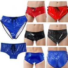 Mens Bikini Briefs Metallic Wetlook Leather Swim Trunks Drawstring Boxershorts