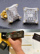 MOISSANITE 14k Gold Plated Real HipHop Mens Earrings Large Square Kite Baguette