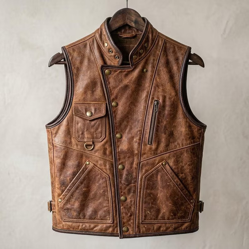 Mens brown leather motorcycle - leather,
