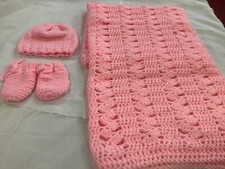 Hand made knitted and crochet  pink new born set, blanket, hat, mits