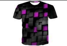 MEN'S 3D Graphic Illusion Poly T-Shirt BLACK MAGENTA Squares Pattern Size 2XL 