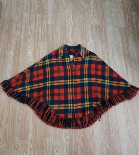 Vintage red tartan woolen cape - red,