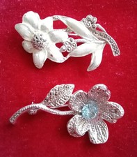 Two Vintage Enamel  Flower And Marcasite Brooches Pins 