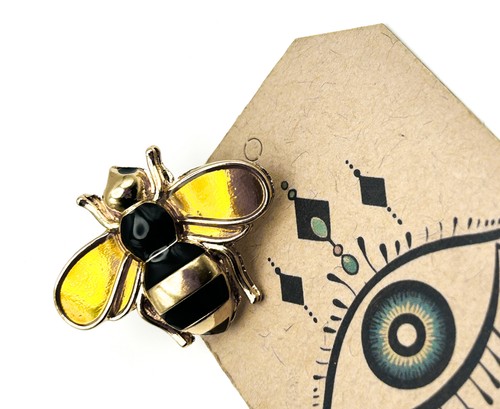 Gold bee brooch black - brooch,