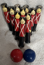 10 x VINTAGE WOODEN SOLDIERS SKITTLES & 2 WOOD BALLS - VERY WELL USED