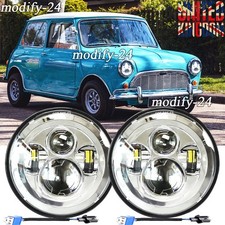 Pair Chrome 7" Round LED Headlights Hi/Lo Beam H4 Fit Classic Rover Mini Austin