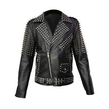 Mens Punk Style Jacket Genuine Black Leather Rock Star Jacket With Spike Studded