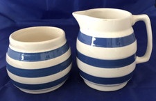 Jug Sugar Bowl Staffordshire Chef Ware Blue White Striped England Free Postage
