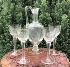 Antique Engraved Decanter & 4 Matching Port Sherry Glasses Wrythen Stems c1870