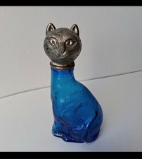 Vintage Mid Century Blue Glass Cat Decanter Bottle With Metal Head, Please Read.