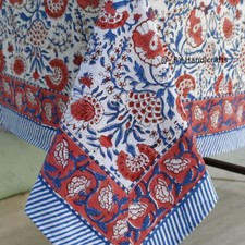 Pink & Blue Indian hand Block Print tablecloth Floral Cotton Custom Table cover