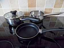 ASSORTED PANS,SAUCEPAN, FRYING PAN ( NEW) MILK PAN, IDEAL FOR 1 or 2 PEOPLE. GC