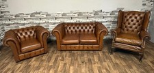 Chesterfield vintage suite 2 seater sofa Queen Ann & club chairs in tan leather 