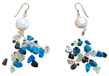 Real Kyoto coin pearl turquoise rock crystal onyx gem 925 silver femme earrings