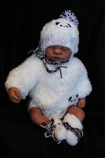 Lillbees Hand Knitted Unisex White  Faux Fur Panda Set Jacket Hat Shoes 0/3m