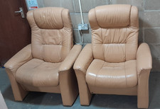 Pair of FJORDS Leather Armchairs, Manual Recliner, Pale Brown, High Back Chairs