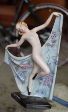 Goldscheider like figure, maiden dancing naked with blue floral shawl - 37cm