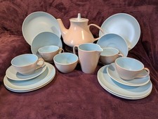 17 piece, 4 Person Vintage Poole Pottery "Twintone" Sky Blue & Dove Grey Tea Set