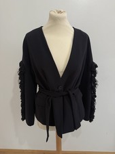 Zara Tie Waist Black Belted Blazer Jacket Size M Lace Ruffle Sleeve RRP £69.99