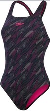 Speedo Women's Hyperboom Allover Medalist Swimsuit -Black/Electric Pink Size6UK
