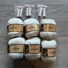 6 x 50g Balls Of Cashmere Wool Yarn - Inc 6 Reels Of Thread - White Grey - New