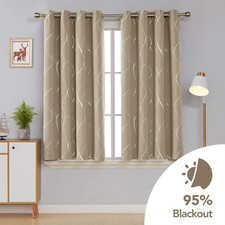 Window Blackout Curtains Pair 132x160CM Taupe Wave Foil Printed Living Room New
