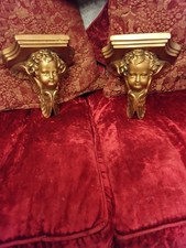 Original 1930s Pair Of Gold Plaster/Chalkware Cherub Wall Sconces ~No Damage ~